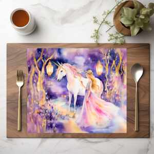 raxxa Premium-Tischset: Boho Watercolor Beautiful Princess Riding A Majestic White Unicorn
