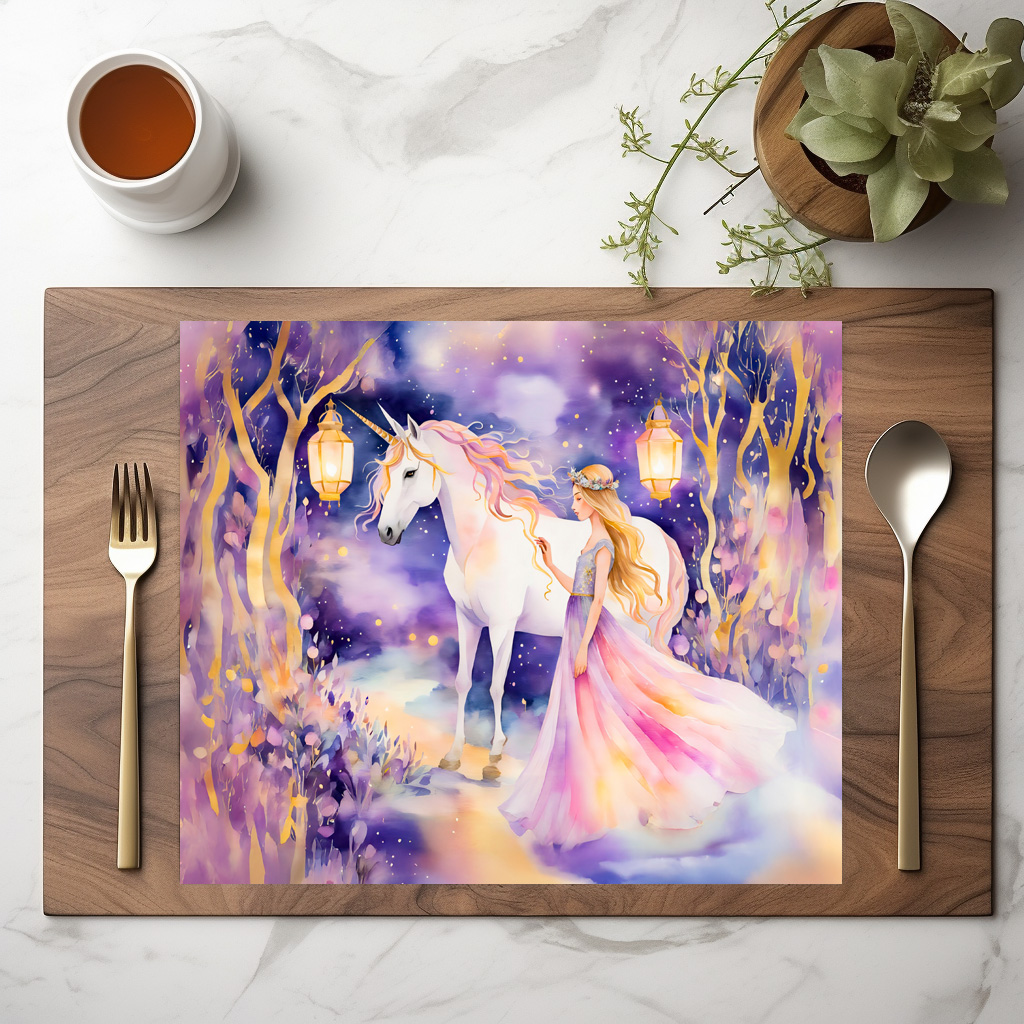 raxxa Premium-Tischset: Boho Watercolor Beautiful Princess Riding A Majestic White Unicorn