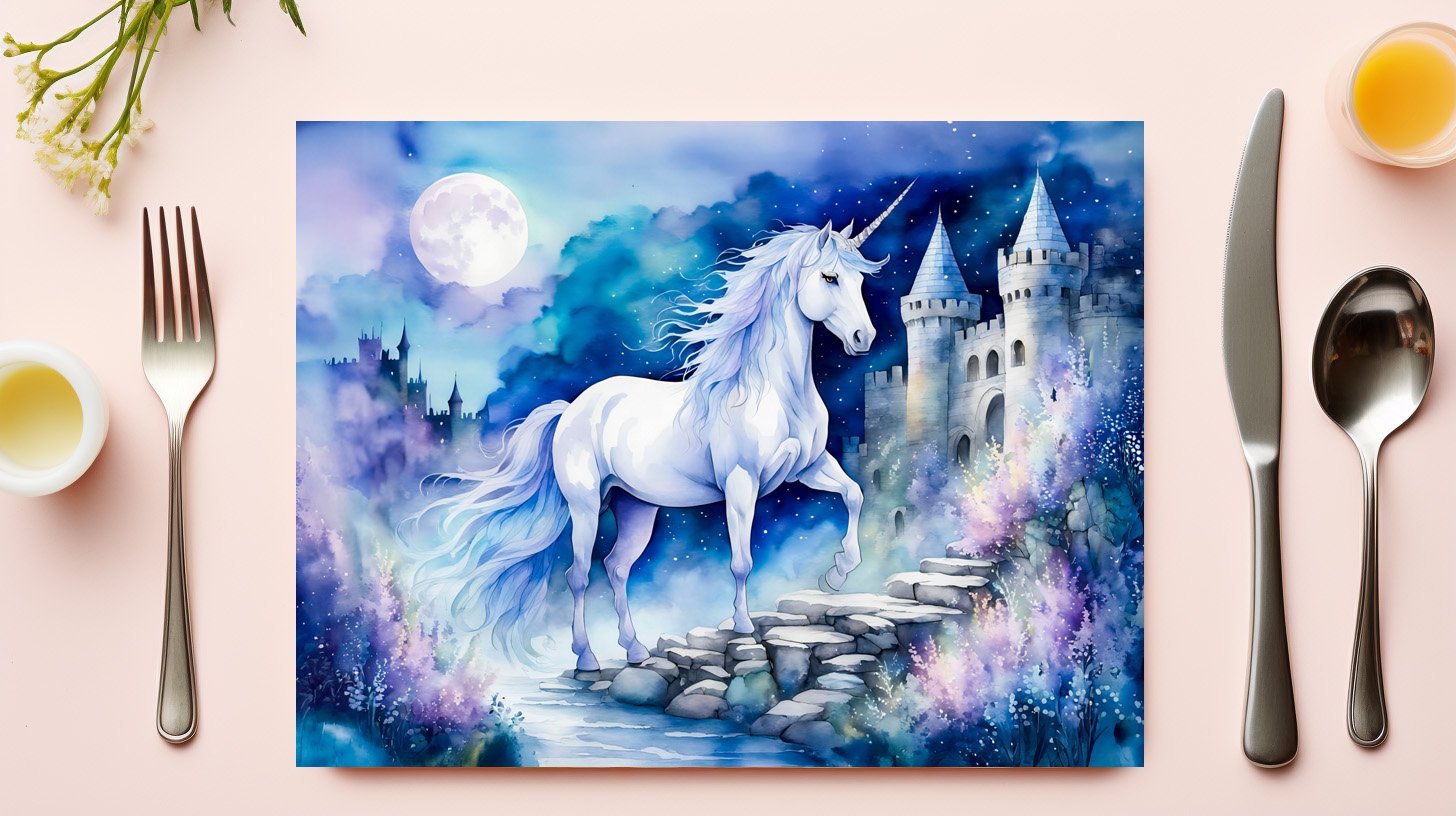 raxxa Premium-Tischset: Boho Watercolor Enchanted White Unicorn Near Old Castle – Bild 2