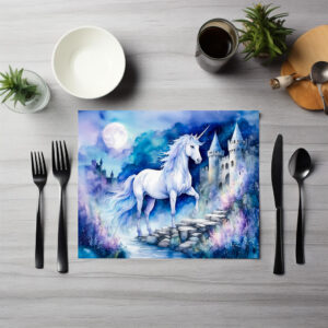 raxxa Premium-Tischset: Boho Watercolor Enchanted White Unicorn Near Old Castle