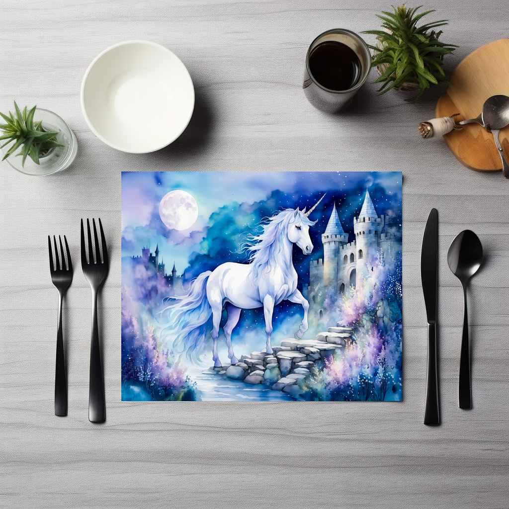 raxxa Premium-Tischset: Boho Watercolor Enchanted White Unicorn Near Old Castle