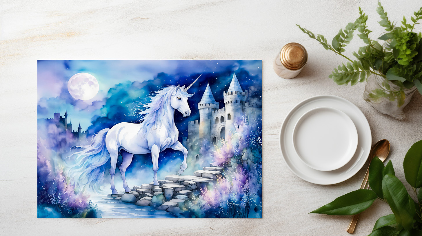 raxxa Premium-Tischset: Boho Watercolor Enchanted White Unicorn Near Old Castle – Bild 3