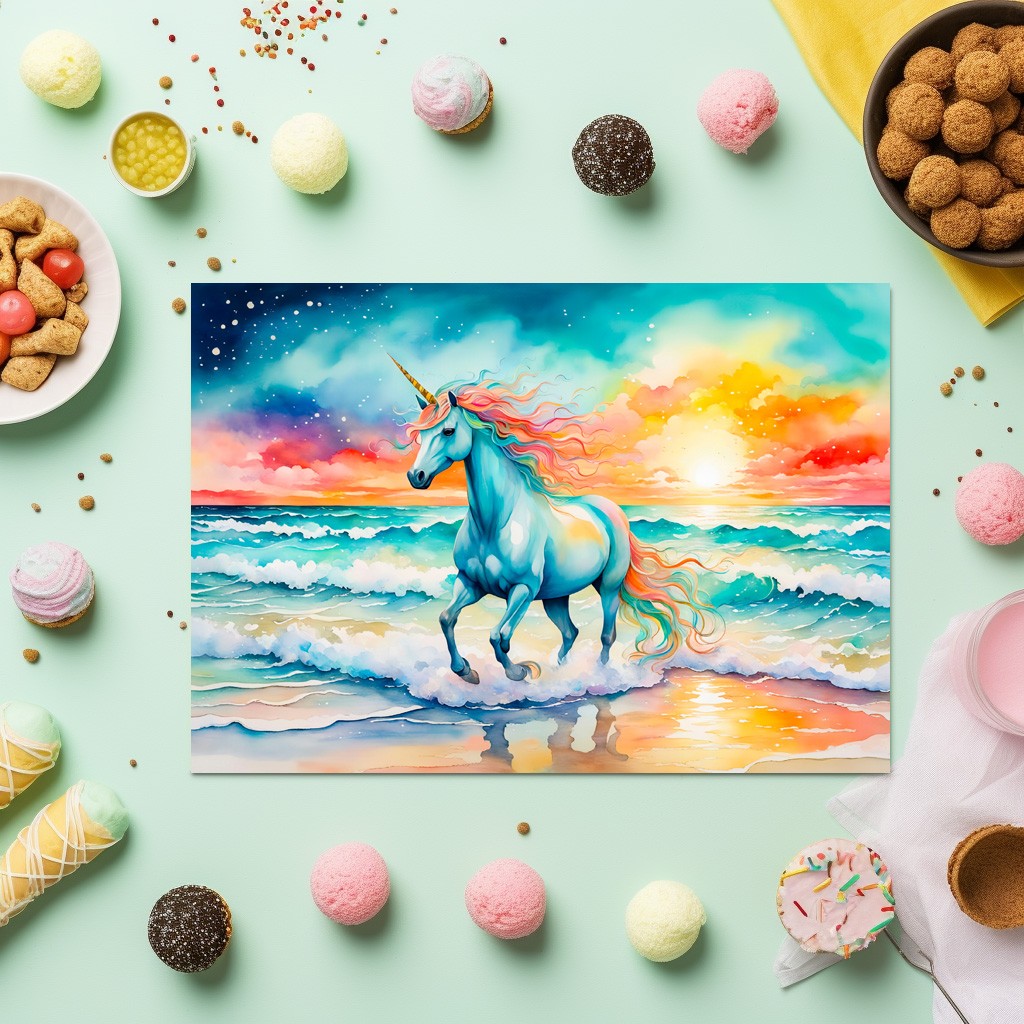 raxxa Premium-Tischset: Boho Watercolor Sparkling Blue Unicorn Galloping On Ocean Shore