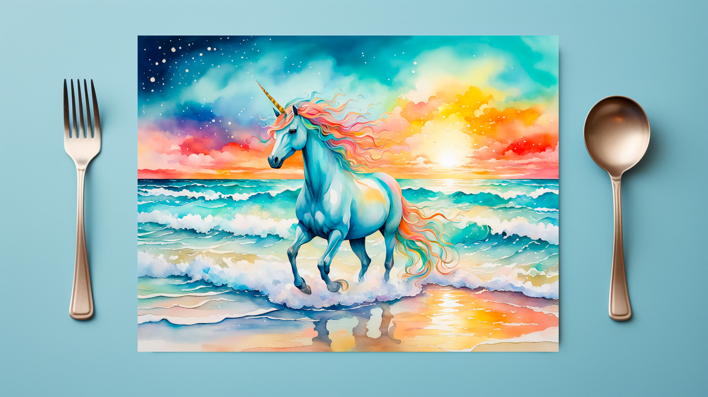 raxxa Premium-Tischset: Boho Watercolor Sparkling Blue Unicorn Galloping On Ocean Shore - Imagen 2