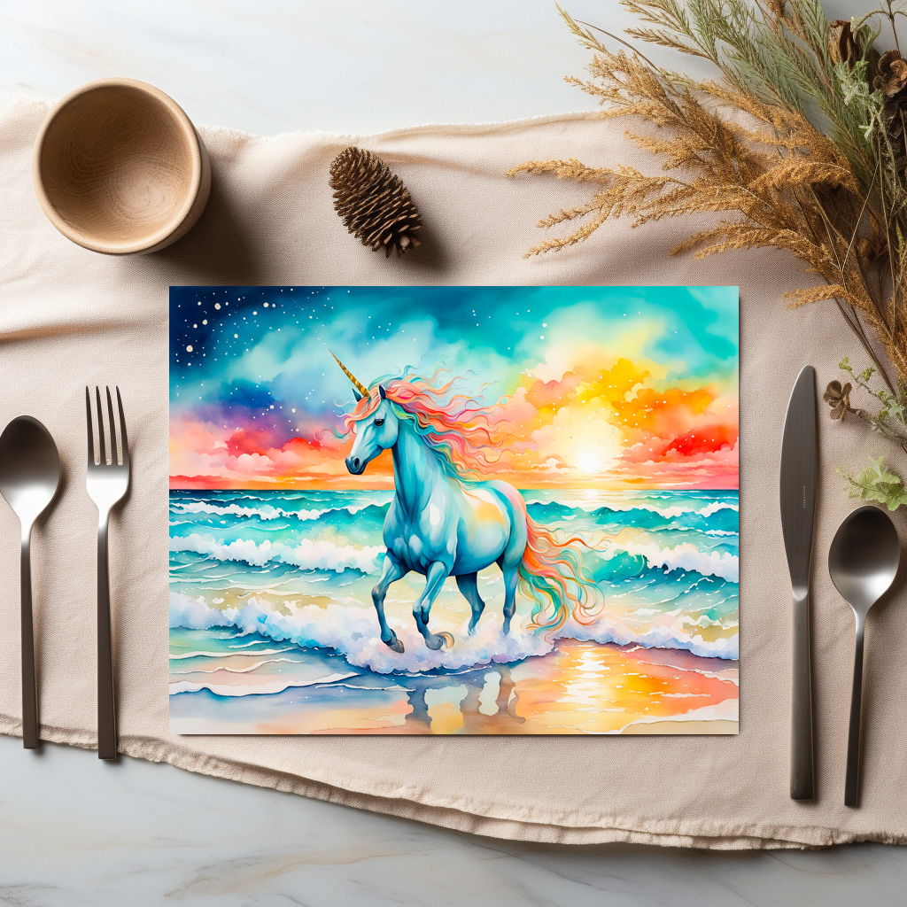 raxxa Premium-Tischset: Boho Watercolor Sparkling Blue Unicorn Galloping On Ocean Shore - Imagen 3