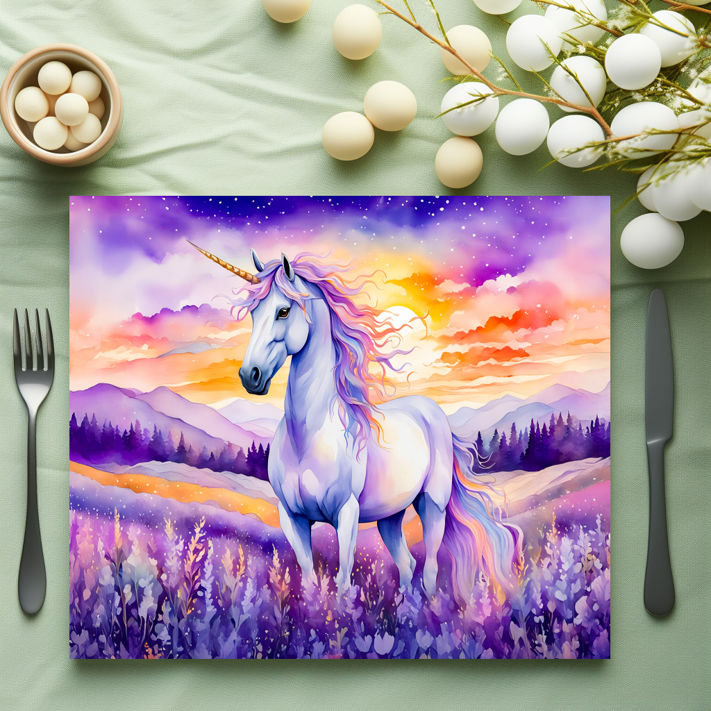 raxxa Premium-Tischset: Boho Watercolor Magical Unicorn Beneath Vibrant Sunset Rainbow Sky – Image 3