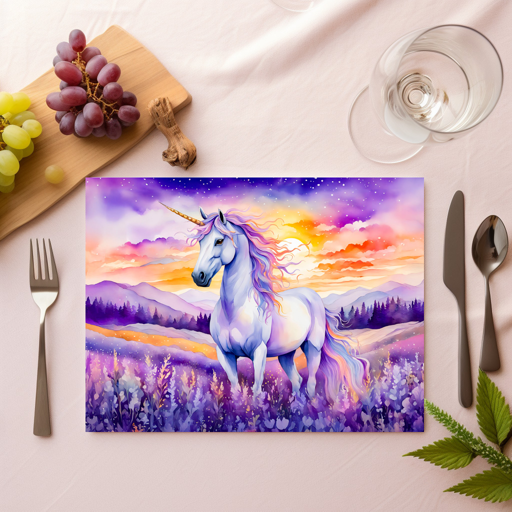 raxxa Premium-Tischset: Boho Watercolor Magical Unicorn Beneath Vibrant Sunset Rainbow Sky – Image 2