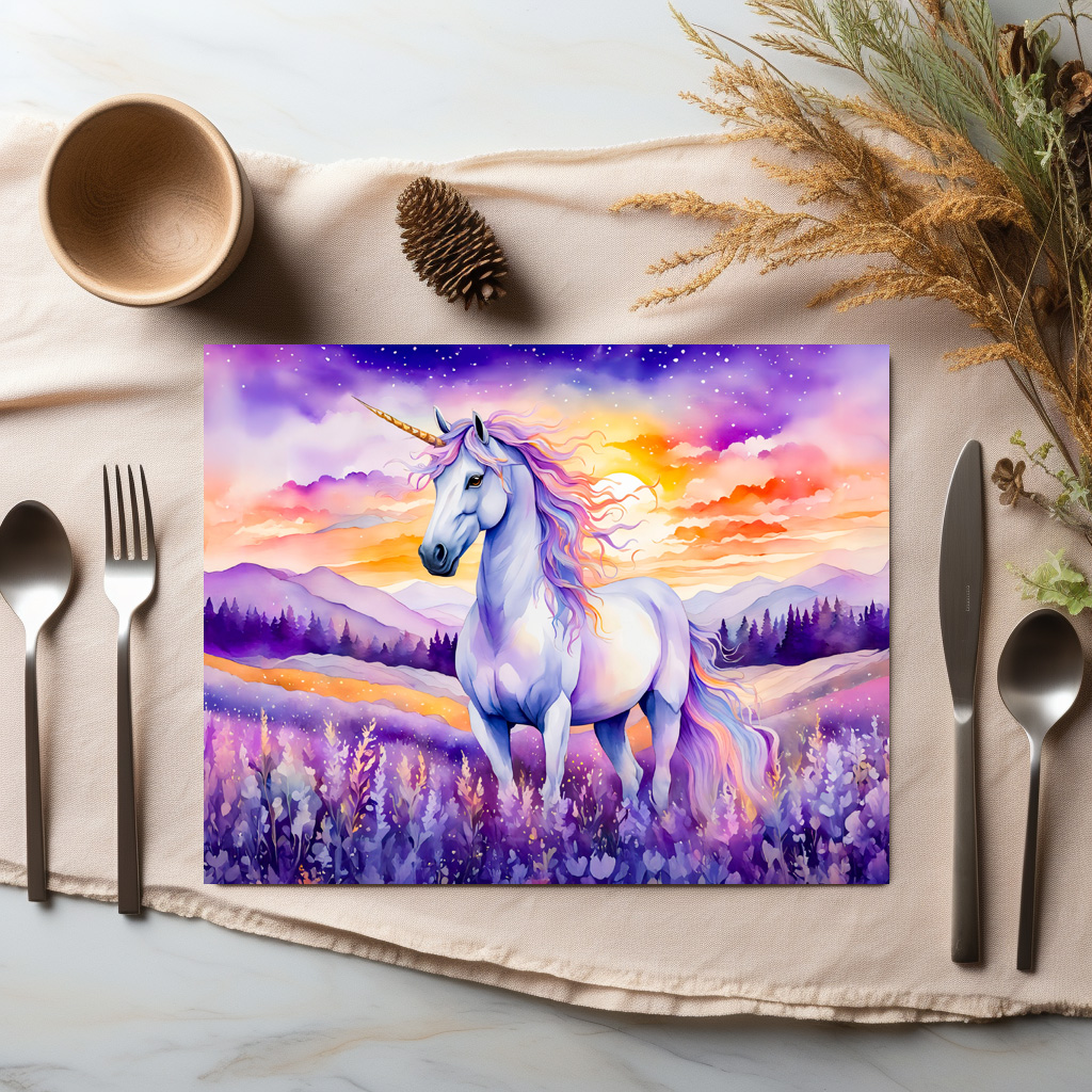 raxxa Premium-Tischset: Boho Watercolor Magical Unicorn Beneath Vibrant Sunset Rainbow Sky