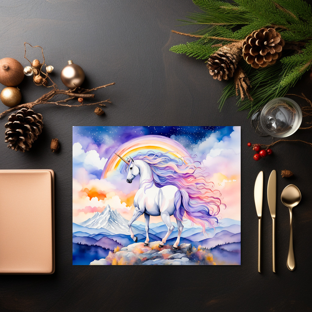 raxxa Premium-Tischset: Watercolor Mystical Unicorn Walking Beneath A Shimmering Rainbow – Bild 2