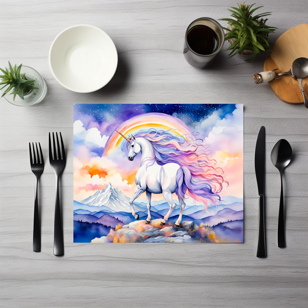 raxxa Premium-Tischset: Watercolor Mystical Unicorn Walking Beneath A Shimmering Rainbow – Bild 3
