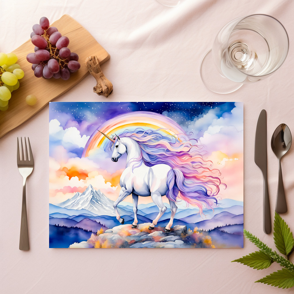 raxxa Premium-Tischset: Watercolor Mystical Unicorn Walking Beneath A Shimmering Rainbow