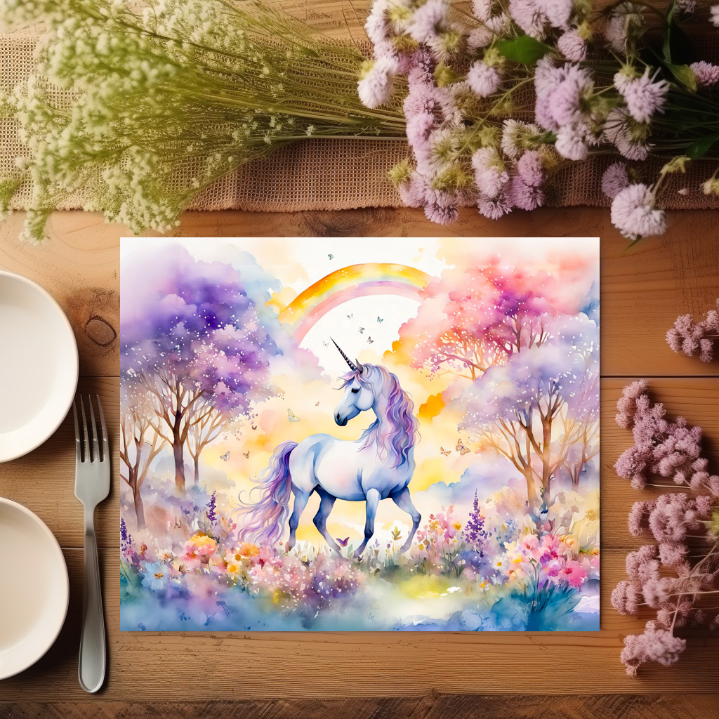 raxxa Premium-Tischset: Boho Watercolor Majestic Unicorn Under Cherry Blossom Pink Sky - immagine 3