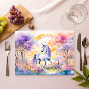 raxxa Premium-Tischset: Boho Watercolor Majestic Unicorn Under Cherry Blossom Pink Sky