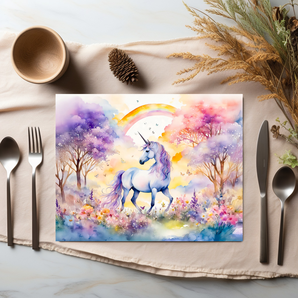 raxxa Premium-Tischset: Boho Watercolor Majestic Unicorn Under Cherry Blossom Pink Sky - immagine 2