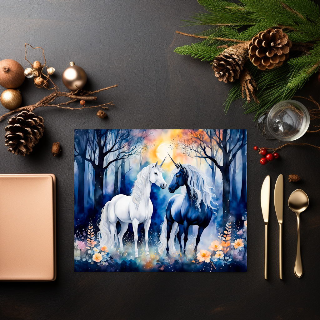 raxxa Premium-Tischset: Boho Watercolor Two Unicorns Standing Together Under Starry Sky – Bild 2