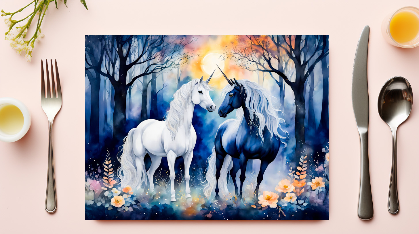 raxxa Premium-Tischset: Boho Watercolor Two Unicorns Standing Together Under Starry Sky – Bild 3