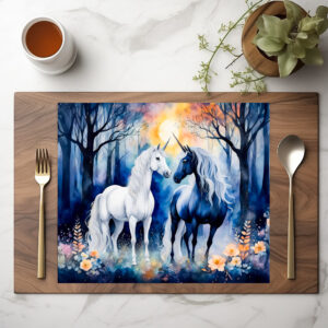 raxxa Premium-Tischset: Boho Watercolor Two Unicorns Standing Together Under Starry Sky