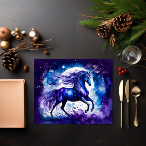 raxxa Premium-Tischset: Watercolor Majestic Blue Unicorn Under Starry Night Sky