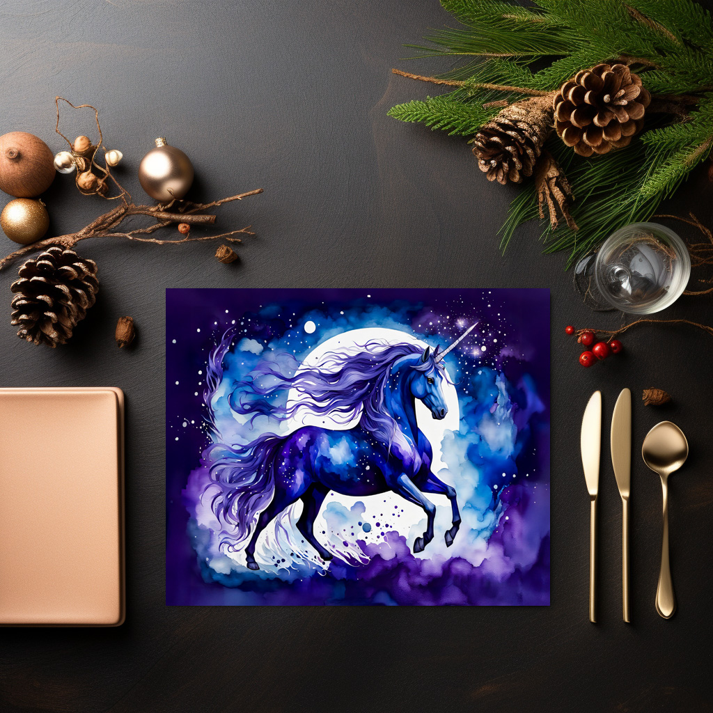 raxxa Premium-Tischset: Watercolor Majestic Blue Unicorn Under Starry Night Sky