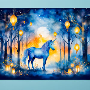 raxxa Premium-Tischset: Boho Watercolor Mystical Unicorn Prancing Under Golden Lantern Light