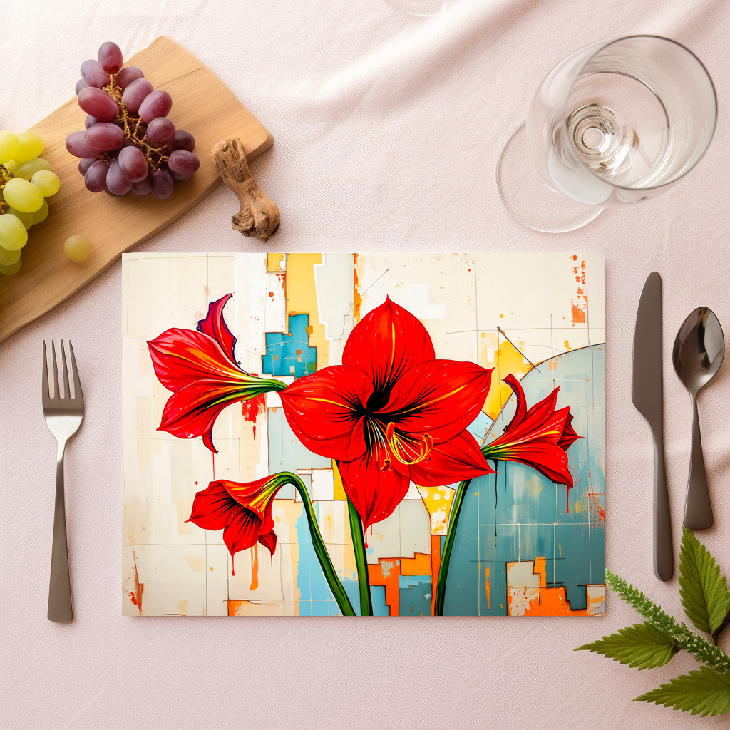 raxxa Premium-Tischset: Vibrant Amaryllis in Modern Abstract Style