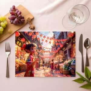 raxxa Premium-Tischset: Comic Girl with Porcelain Bowl of Strawberries at Market