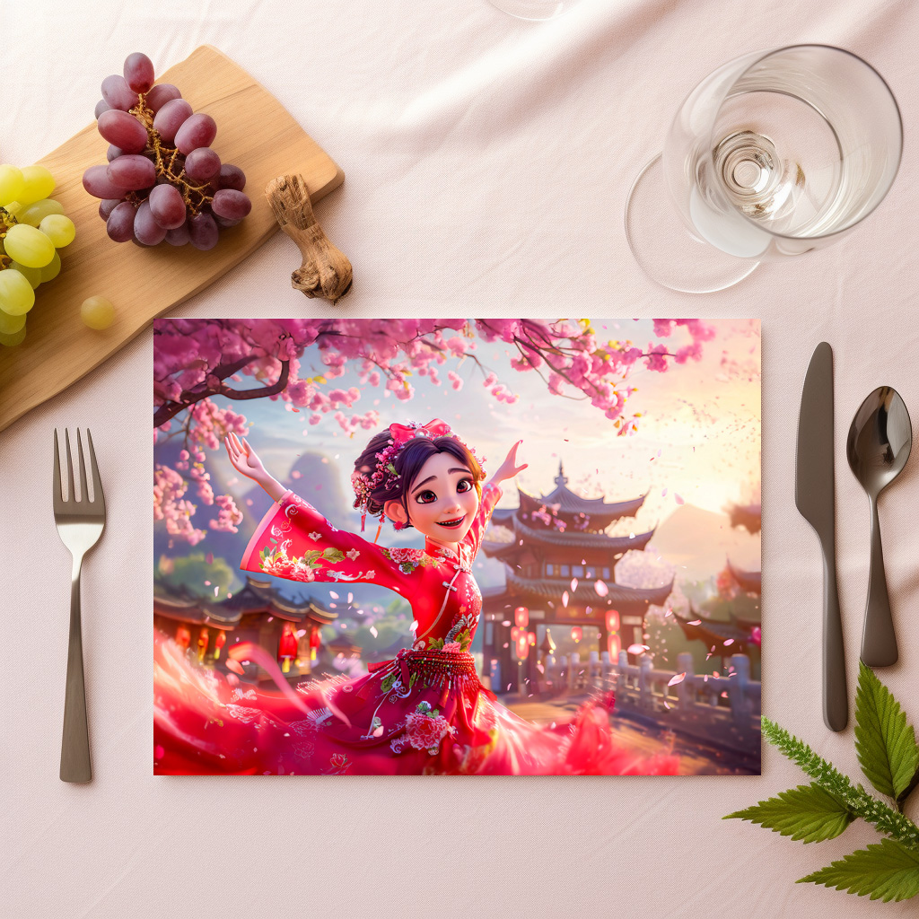 raxxa Premium-Tischset: Comic Girl Dancing with Cherry Blossoms in March