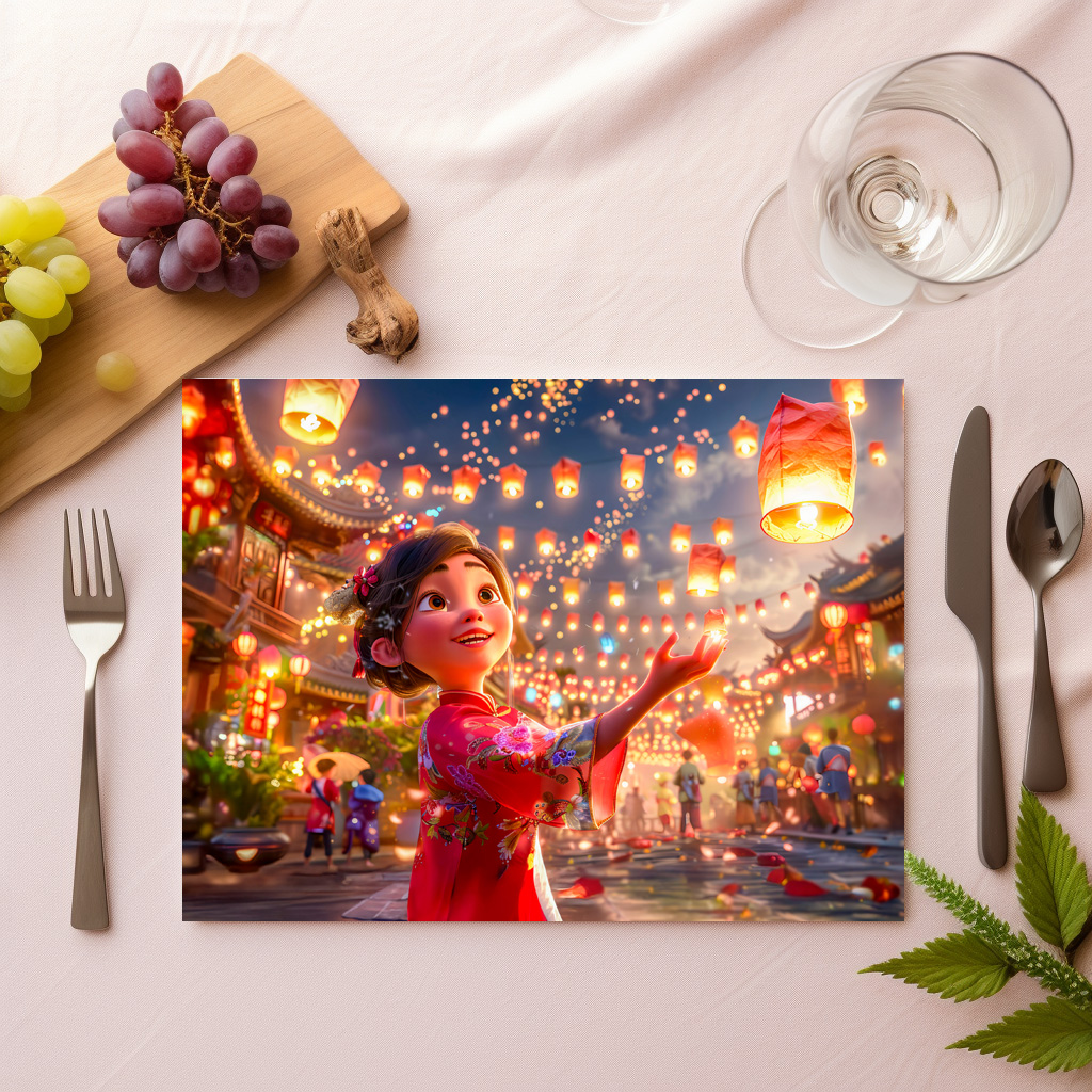 raxxa Premium-Tischset: Comic Girl with Lanterns Celebrating Chinese New Year - immagine 2