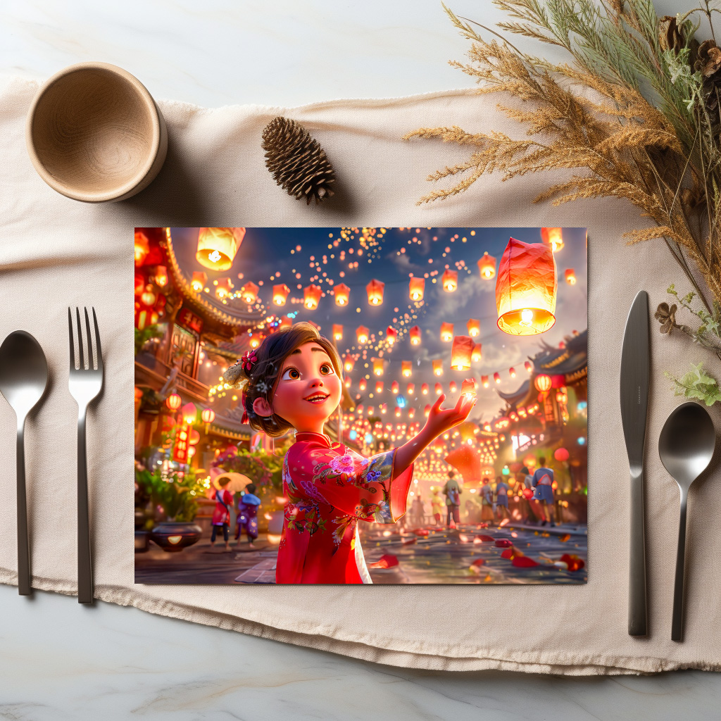 raxxa Premium-Tischset: Comic Girl with Lanterns Celebrating Chinese New Year