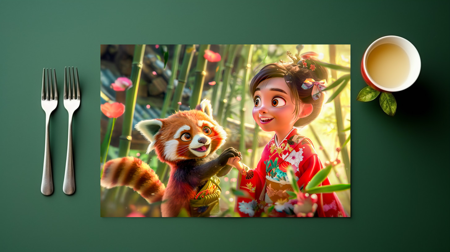 raxxa Premium-Tischset: Comic Girl with Red Panda in Playful Scene – Bild 3