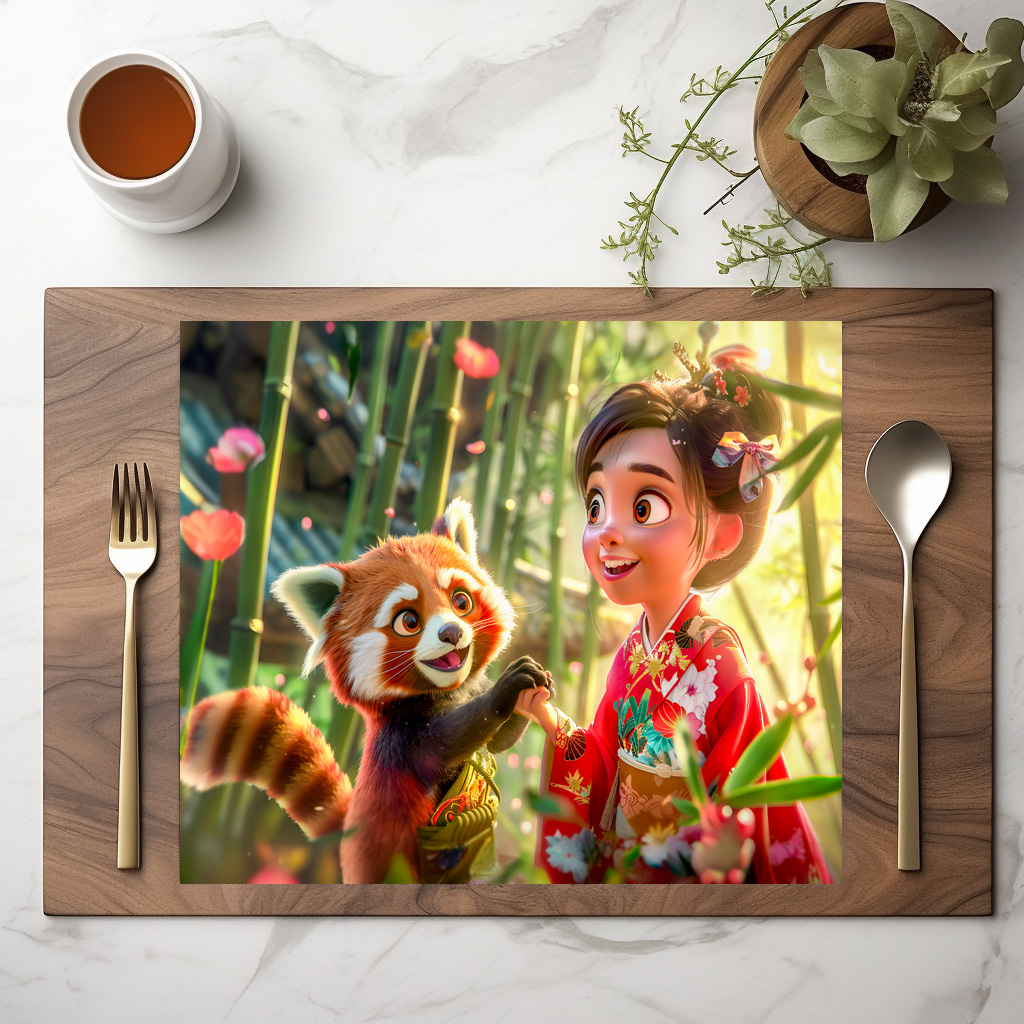 raxxa Premium-Tischset: Comic Girl with Red Panda in Playful Scene