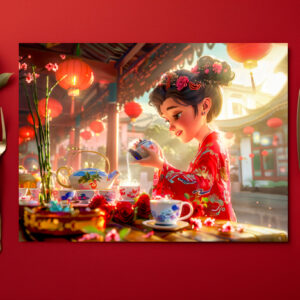 raxxa Premium-Tischset: Comic Girl Serving Tea in Traditional Setting