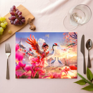 raxxa Premium-Tischset: Comic Girl Dancing with Crane in Graceful Scene