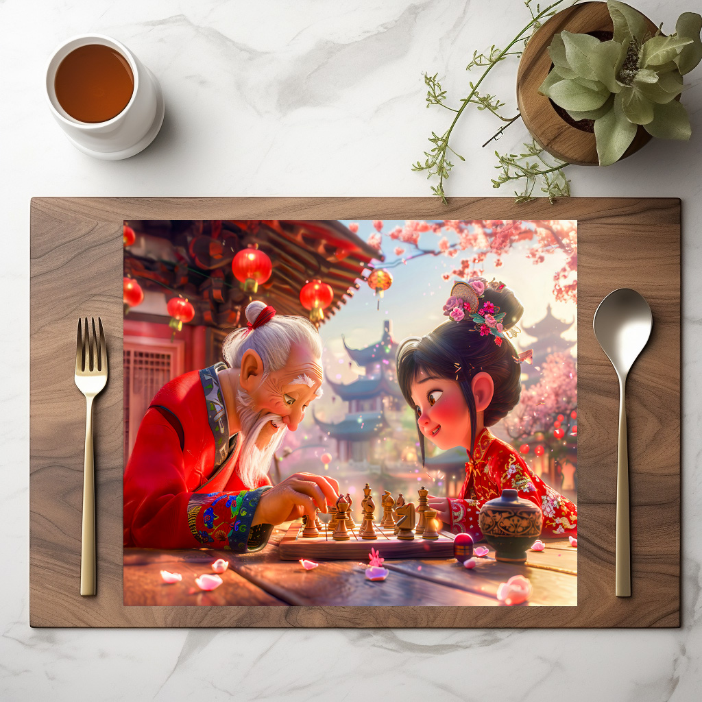 raxxa Premium-Tischset: Girl and Grandpa Playing Modern Chess