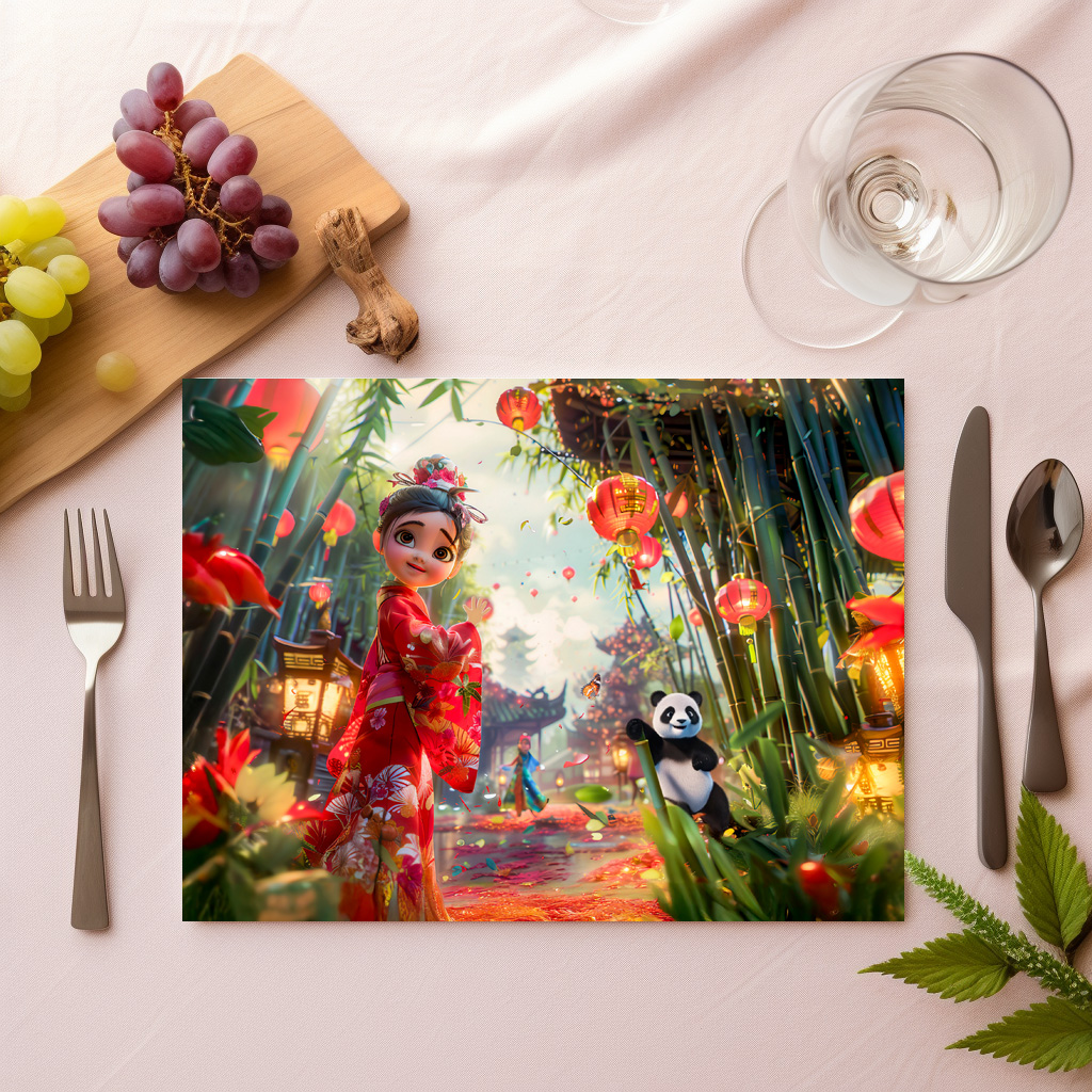 raxxa Premium-Tischset: Comic Girl in Bamboo Forest with Panda