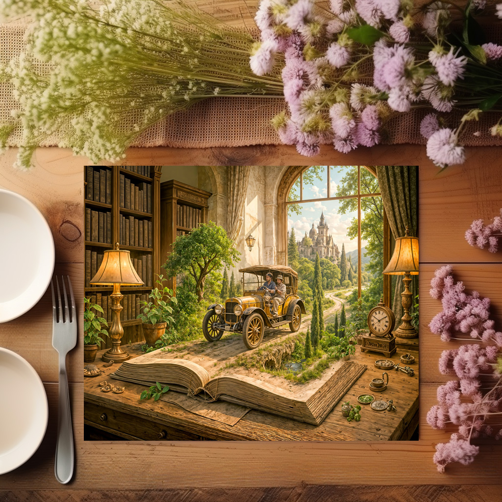 raxxa Premium-Tischset: Vintage car drives from storybook page – Image 3