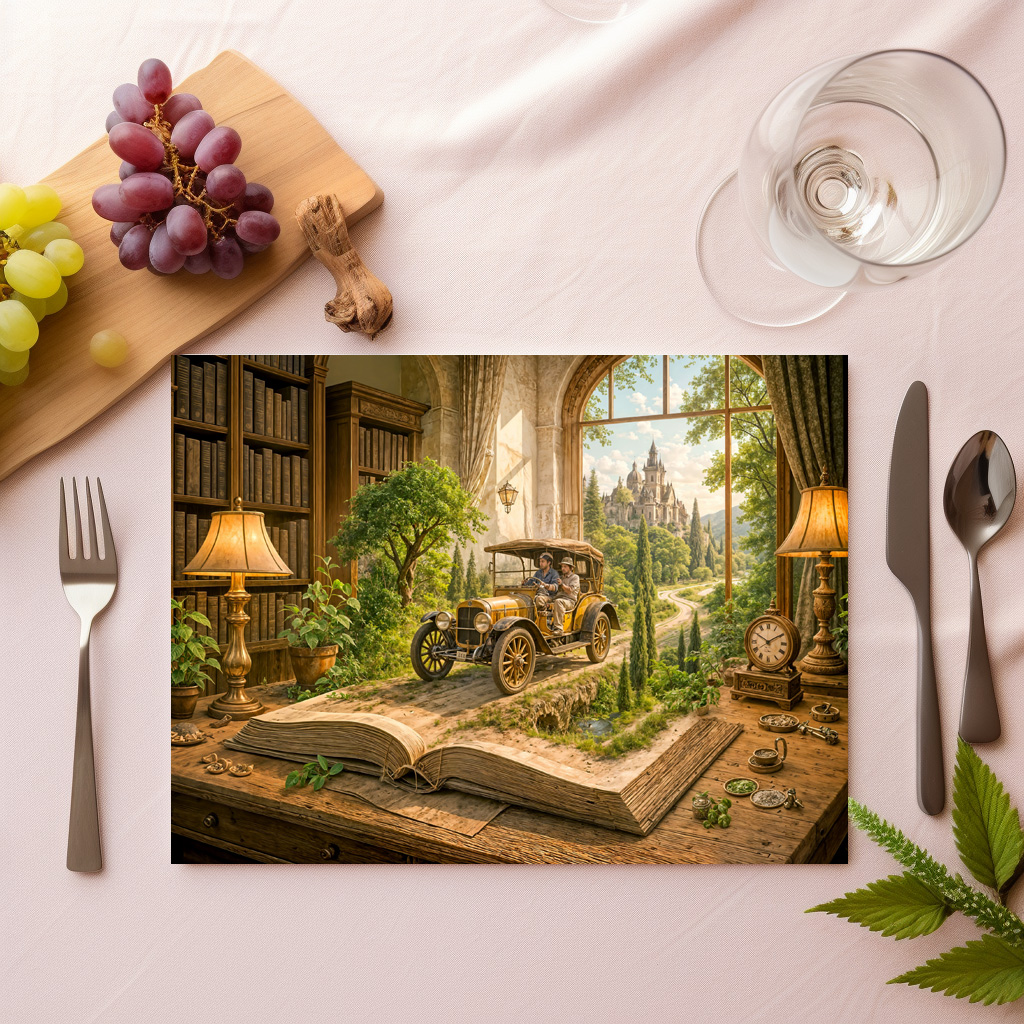raxxa Premium-Tischset: Vintage car drives from storybook page