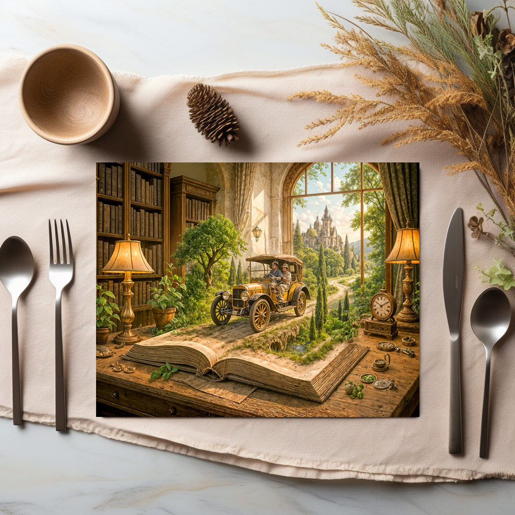 raxxa Premium-Tischset: Vintage car drives from storybook page – Image 2