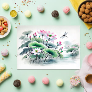 raxxa Premium-Tischset: Lotus and Dragonflies painted in the style of Asian ink art