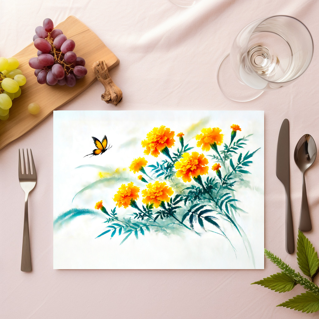 raxxa Premium-Tischset: Yellow Daisies with Butterfly Asian Ink Painting
