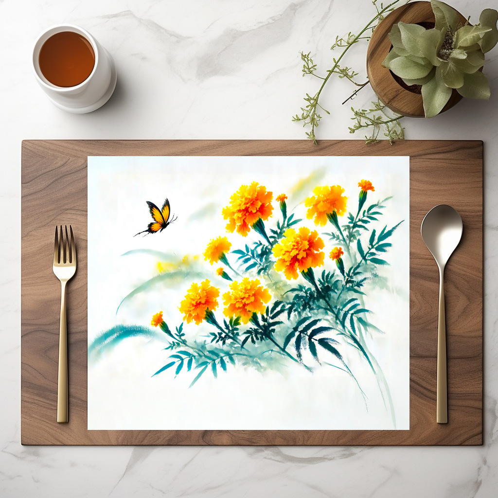 raxxa Premium-Tischset: Yellow Daisies with Butterfly Asian Ink Painting - Imagen 2