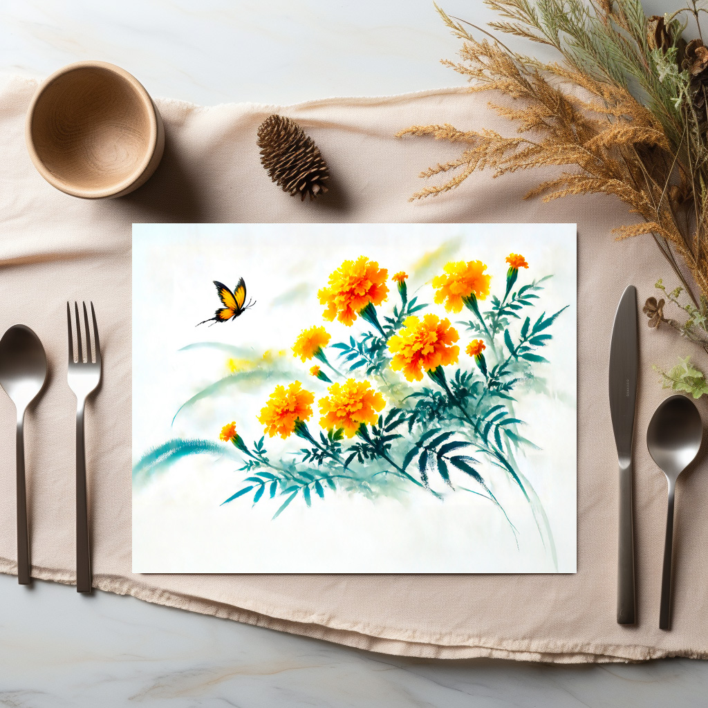 raxxa Premium-Tischset: Yellow Daisies with Butterfly Asian Ink Painting - Imagen 3