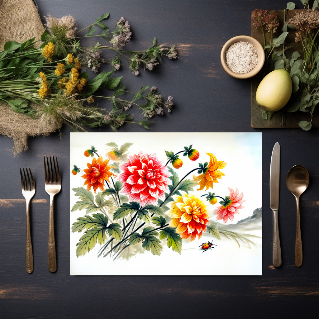 raxxa Premium-Tischset: Dahlias flowers in Asian Ink Painting – Image 3