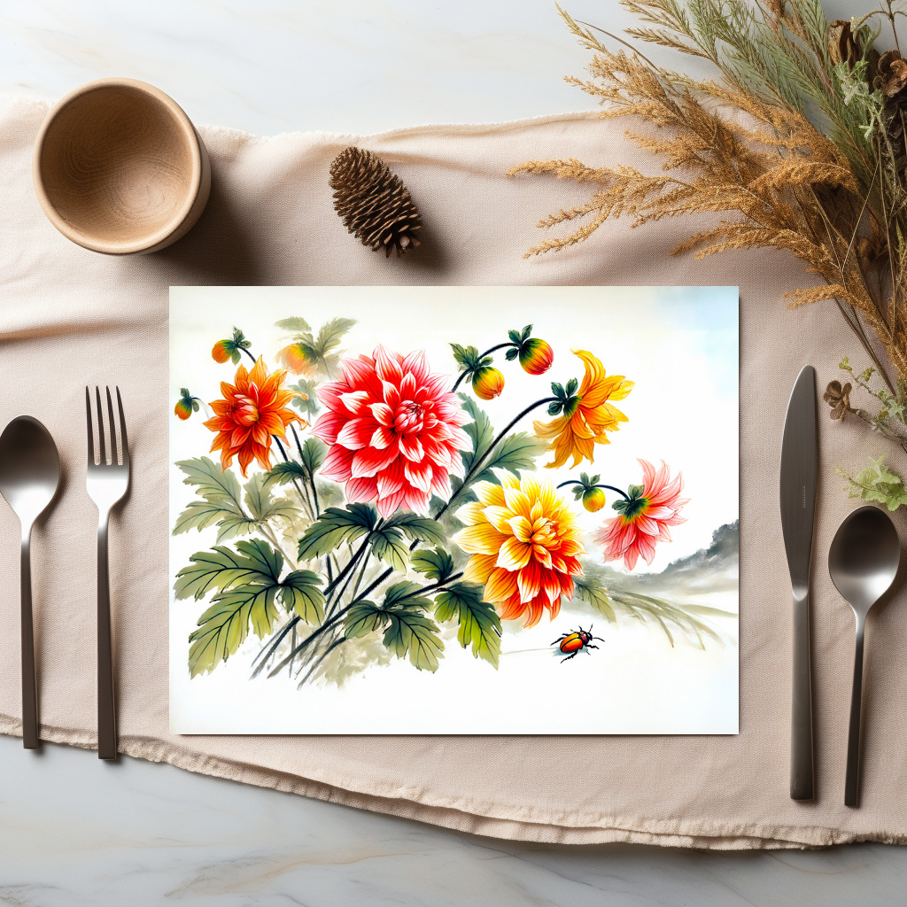 raxxa Premium-Tischset: Dahlias flowers in Asian Ink Painting – Image 2