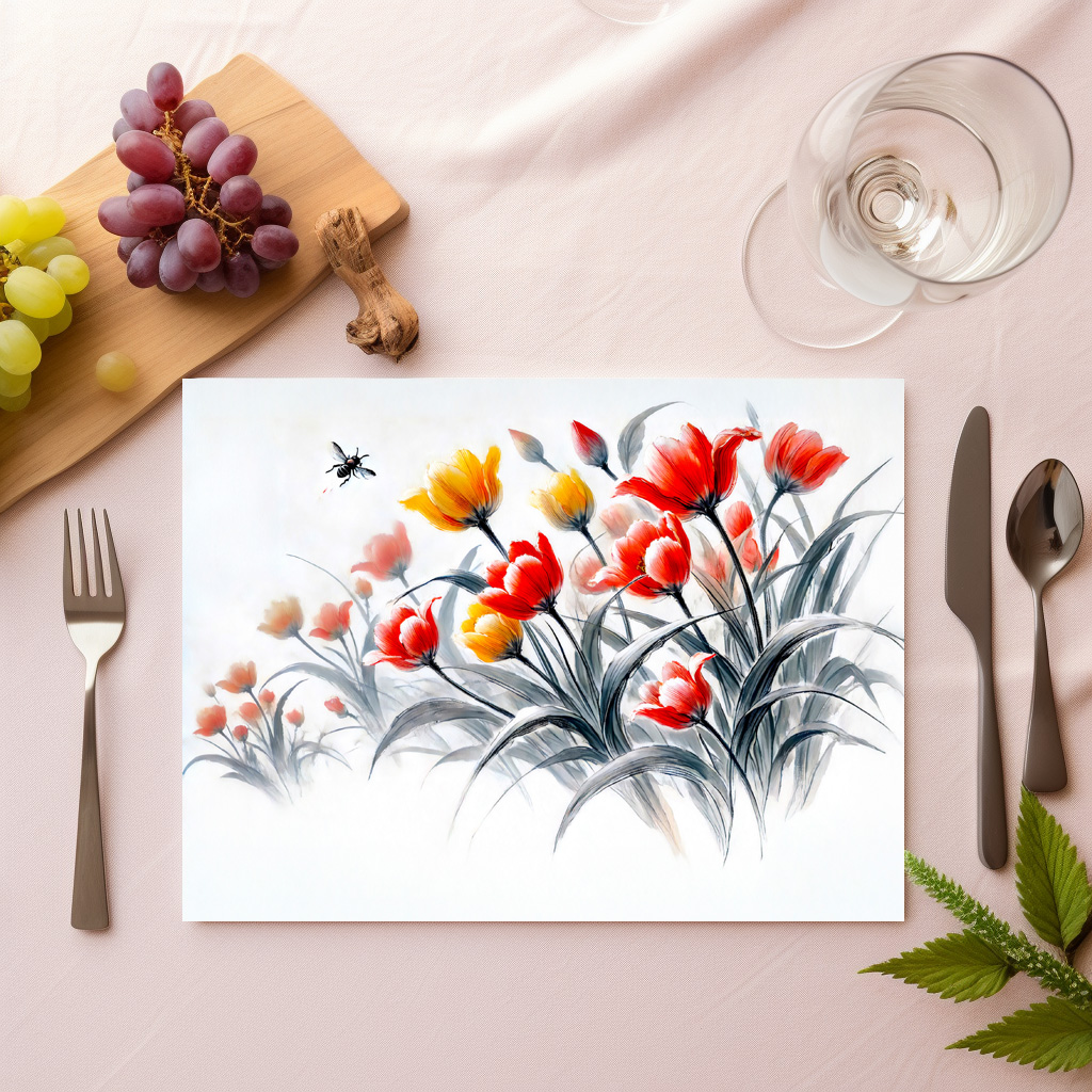 raxxa Premium-Tischset: Red and White Tulips Asian Ink Painting