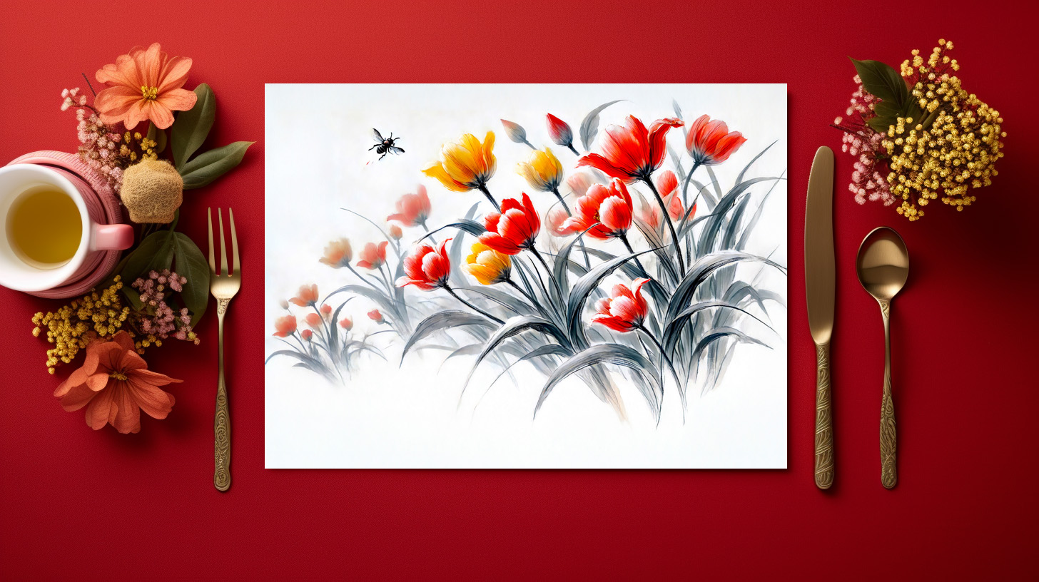 raxxa Premium-Tischset: Red and White Tulips Asian Ink Painting – Image 2
