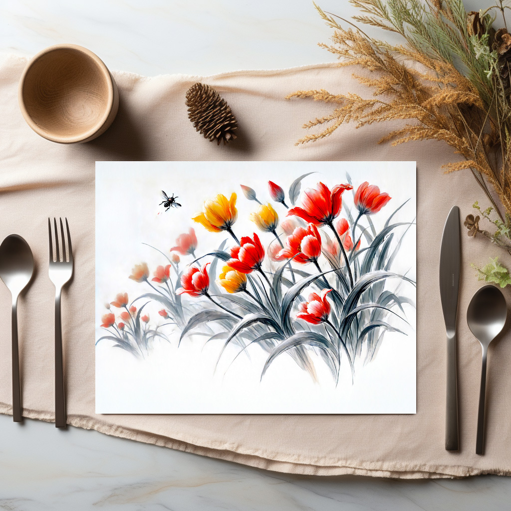 raxxa Premium-Tischset: Red and White Tulips Asian Ink Painting – Image 3