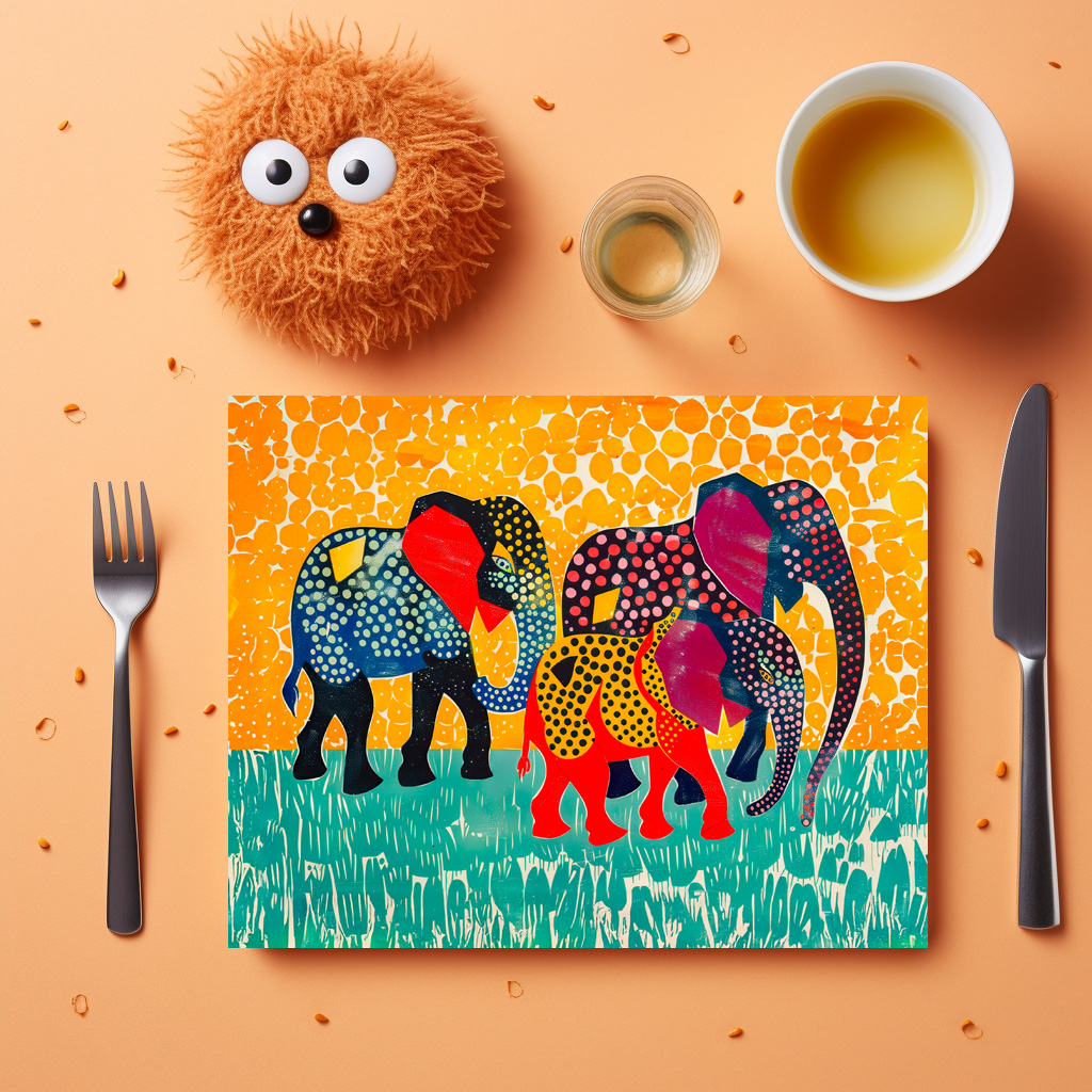 raxxa Premium-Tischset: Three Abstract Elephants in Yellow Dot Field