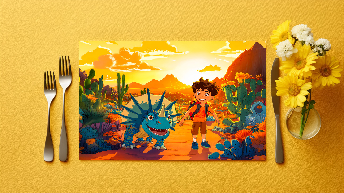 raxxa Premium-Tischset: Anime boy walking Triceratops at sunset – Image 2