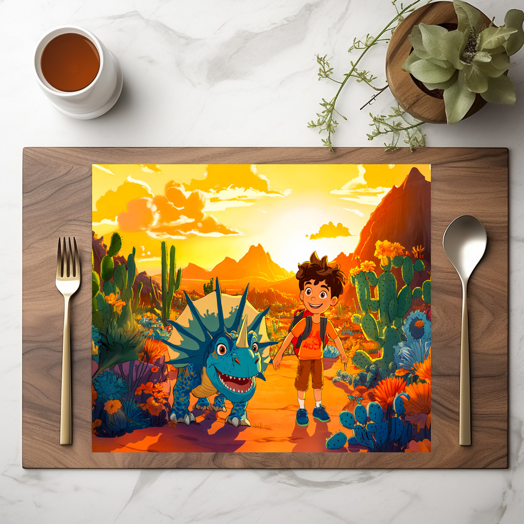 raxxa Premium-Tischset: Anime boy walking Triceratops at sunset – Image 3